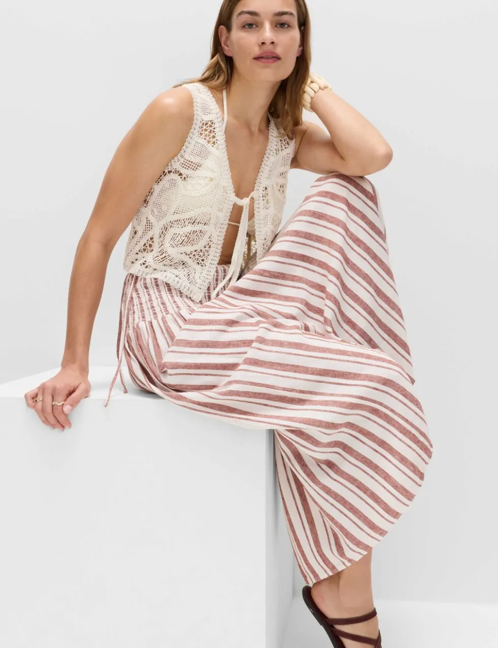 Linen Rich Shirred Tie Detail Maxi Skirt