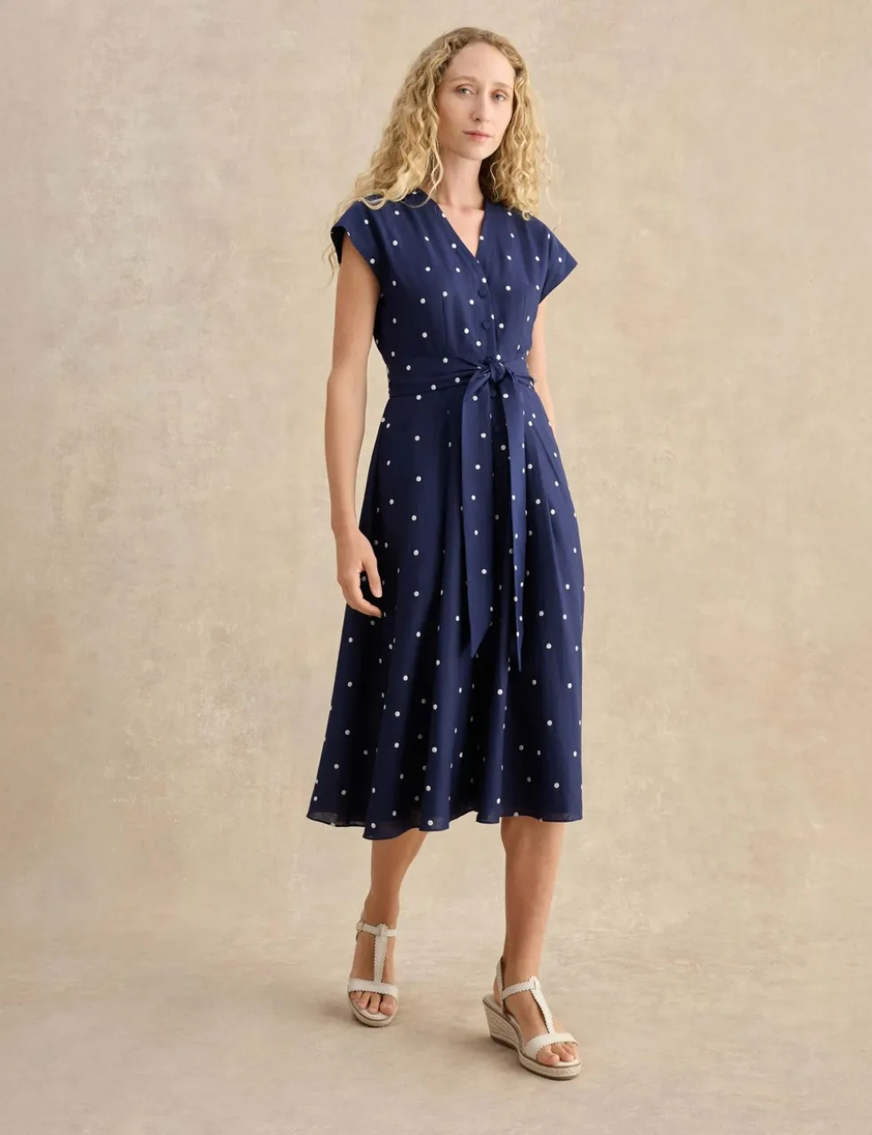 Linen Rich Spot Print V-Neck Skater Dress