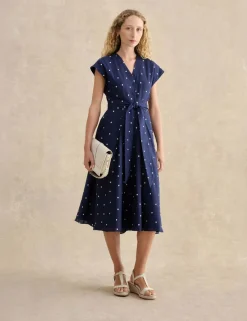 Linen Rich Spot Print V-Neck Skater Dress