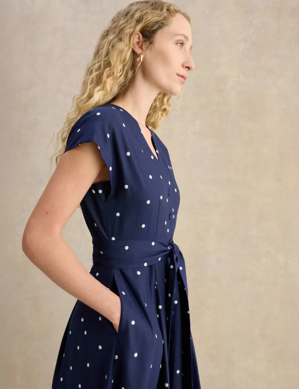 Linen Rich Spot Print V-Neck Skater Dress
