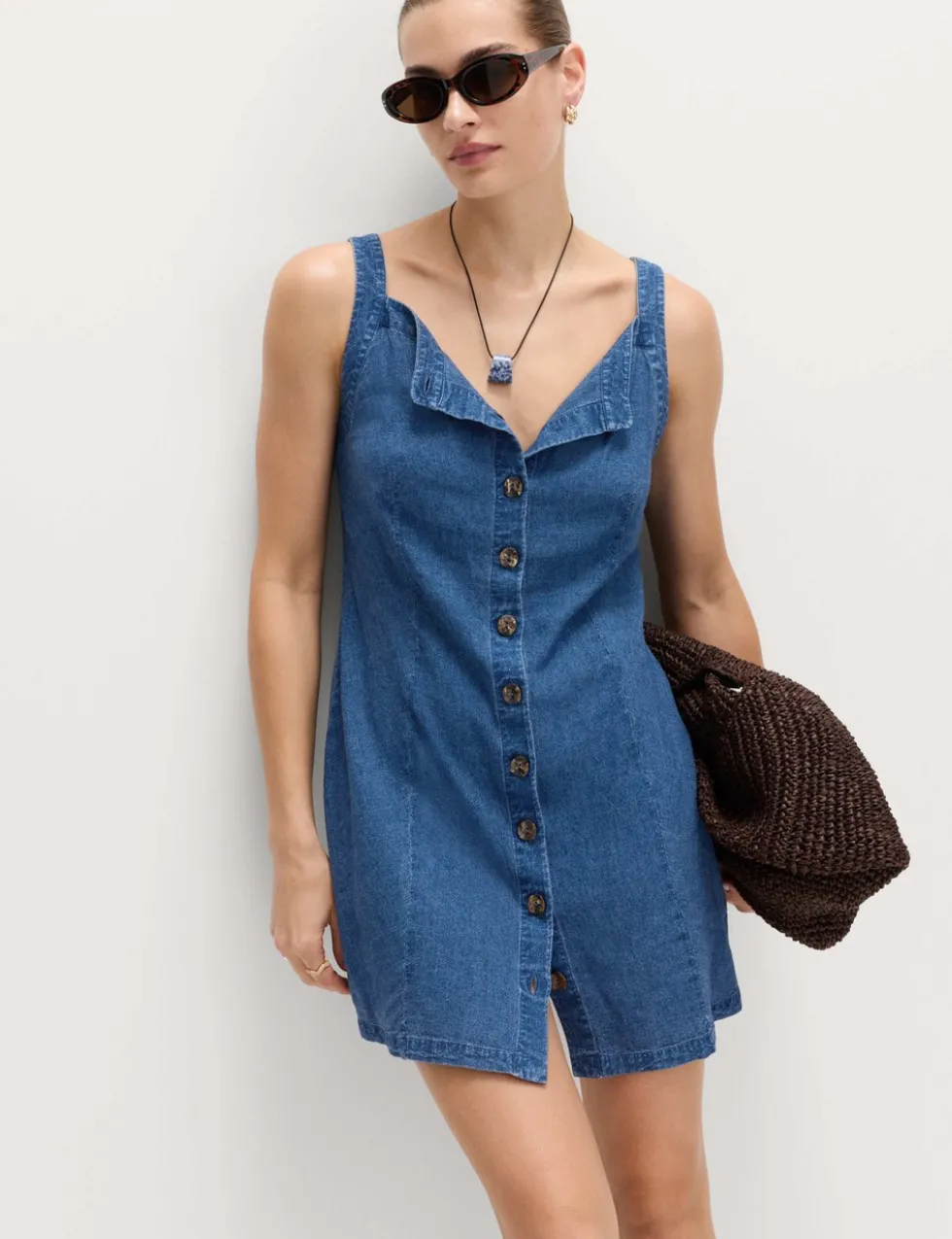 Linen Rich Square Neck Button Through Mini Shift Dress