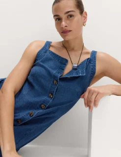 Linen Rich Square Neck Button Through Mini Shift Dress