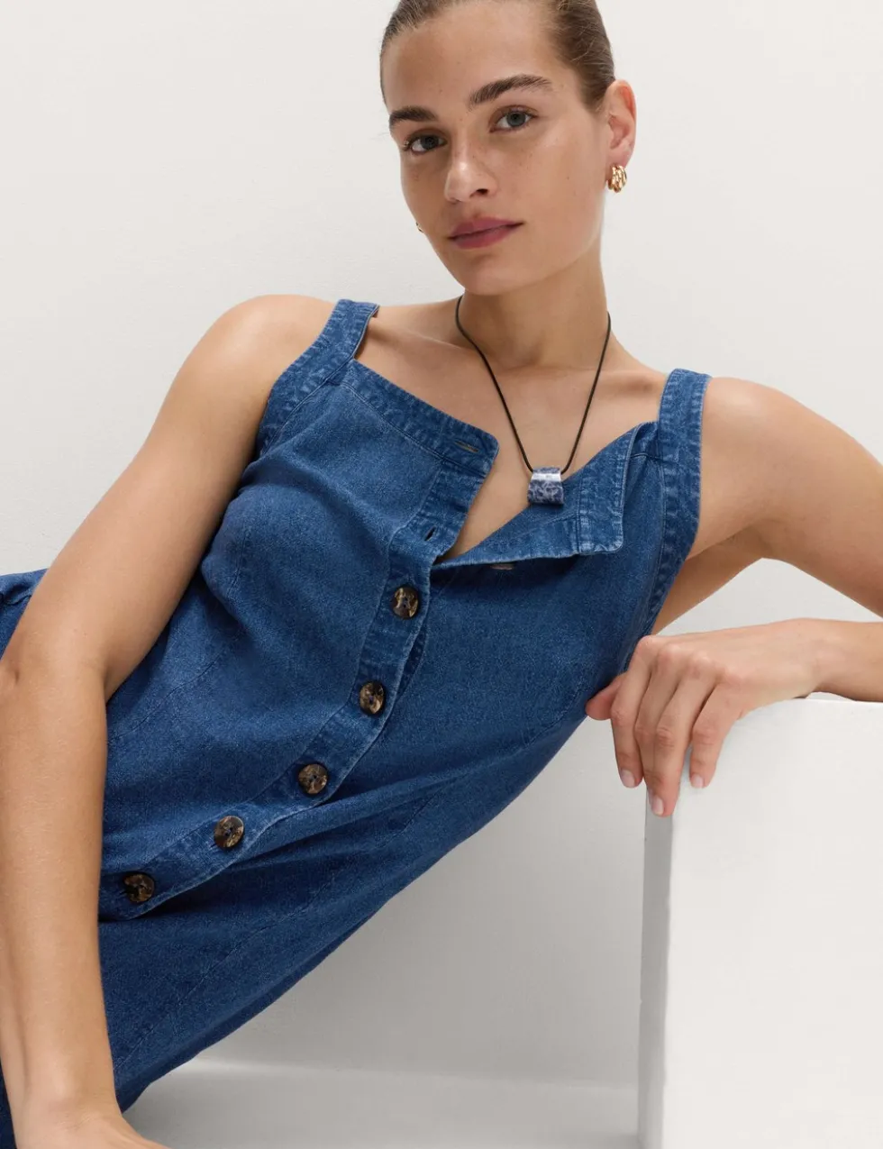 Linen Rich Square Neck Button Through Mini Shift Dress