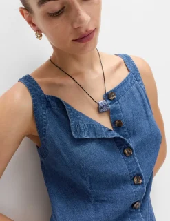 Linen Rich Square Neck Button Through Mini Shift Dress