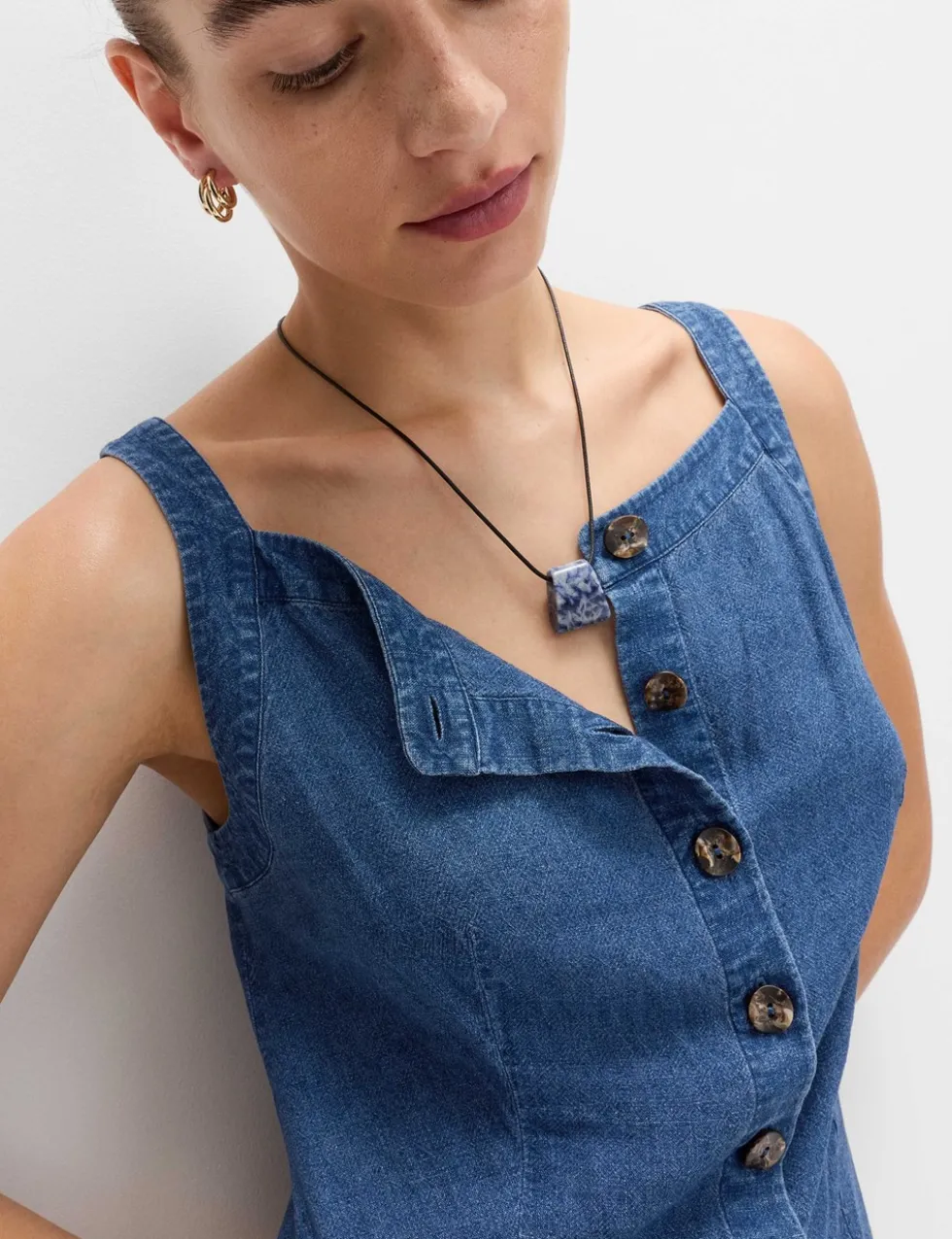 Linen Rich Square Neck Button Through Mini Shift Dress