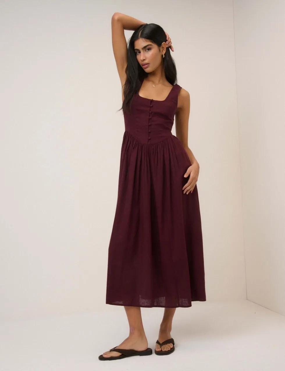 Linen Rich Square Neck Midi Skater Dress