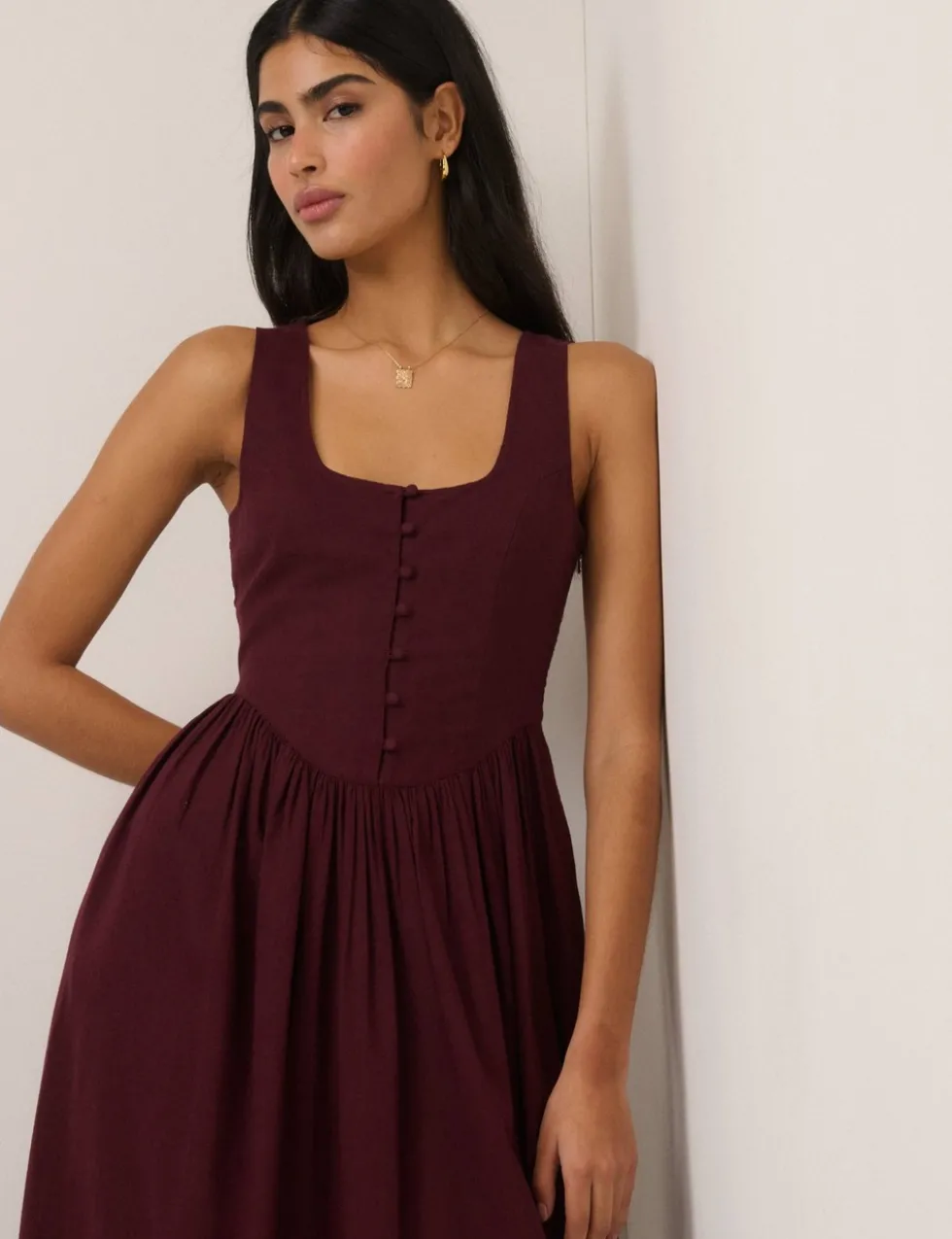 Linen Rich Square Neck Midi Skater Dress
