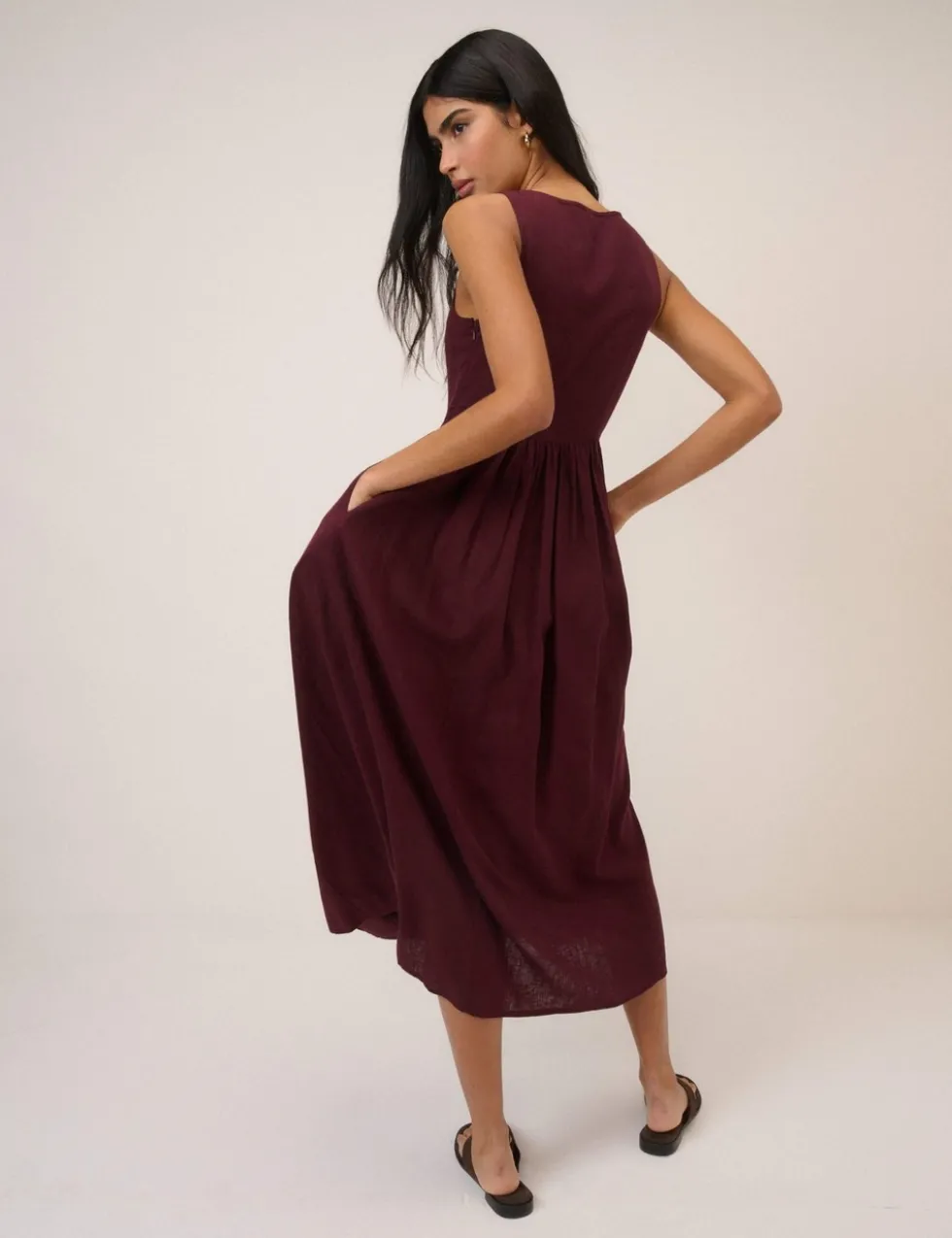 Linen Rich Square Neck Midi Skater Dress