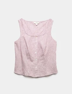 Linen Rich Striped Button Through Top
