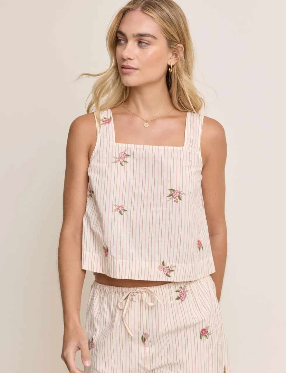 Linen Rich Striped Floral Square Neck Vest