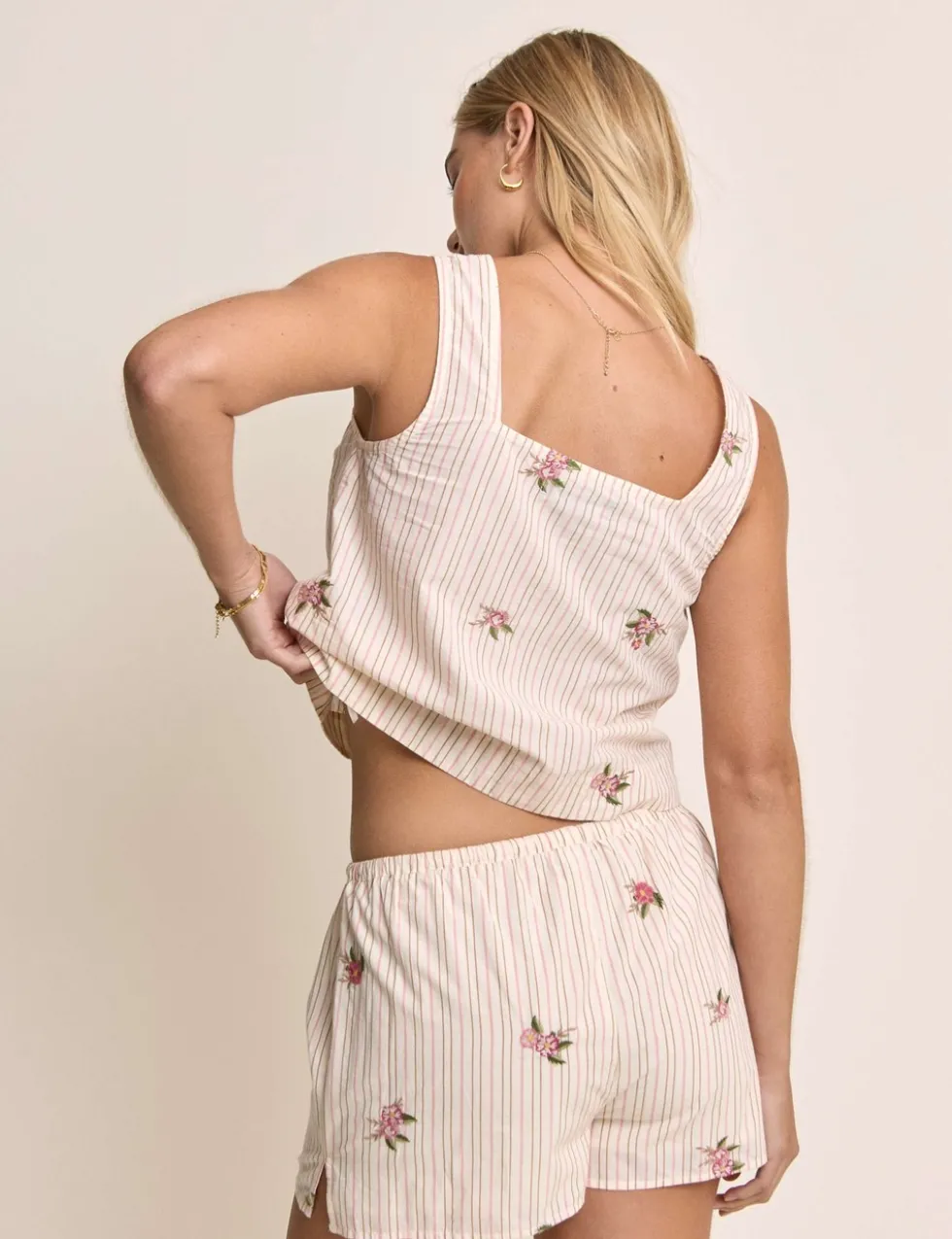 Linen Rich Striped Floral Square Neck Vest
