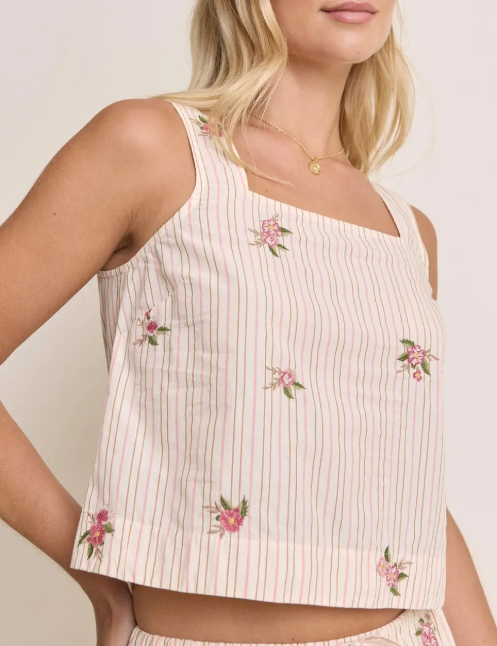 Linen Rich Striped Floral Square Neck Vest