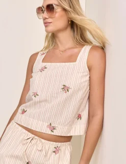 Linen Rich Striped Floral Square Neck Vest