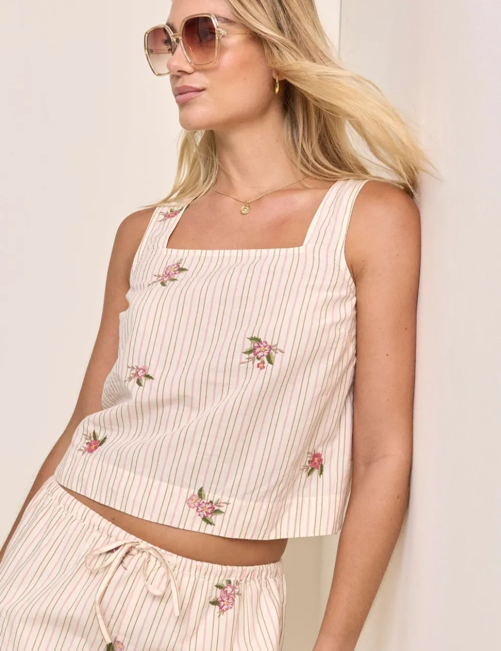 Linen Rich Striped Floral Square Neck Vest