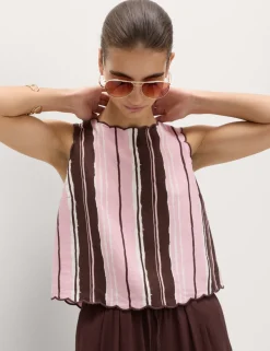 Linen Rich Striped High Neck Vest Top
