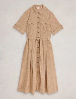 Linen Rich Striped Midi Shirt Dress