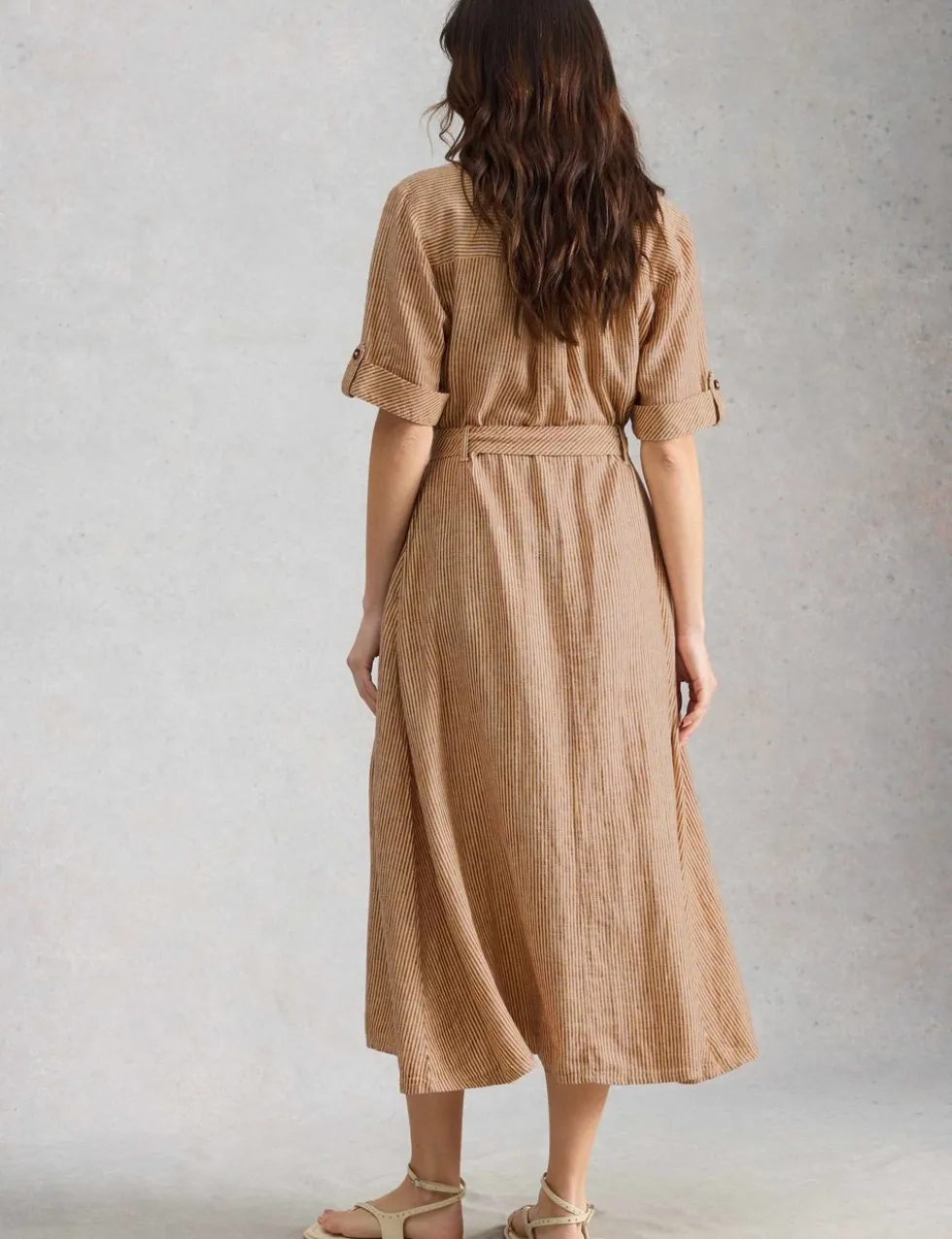 Linen Rich Striped Midi Shirt Dress