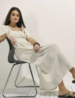 Linen Rich Striped Shirred Midi Dress