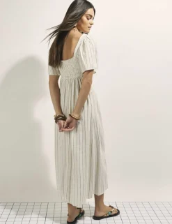 Linen Rich Striped Shirred Midi Dress