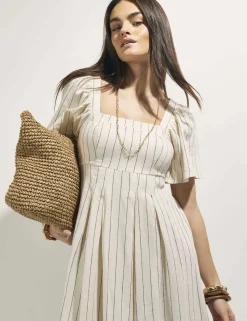 Linen Rich Striped Shirred Midi Dress