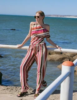 Linen Rich Striped Split Hem Wide Leg Trousers