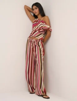 Linen Rich Striped Split Hem Wide Leg Trousers