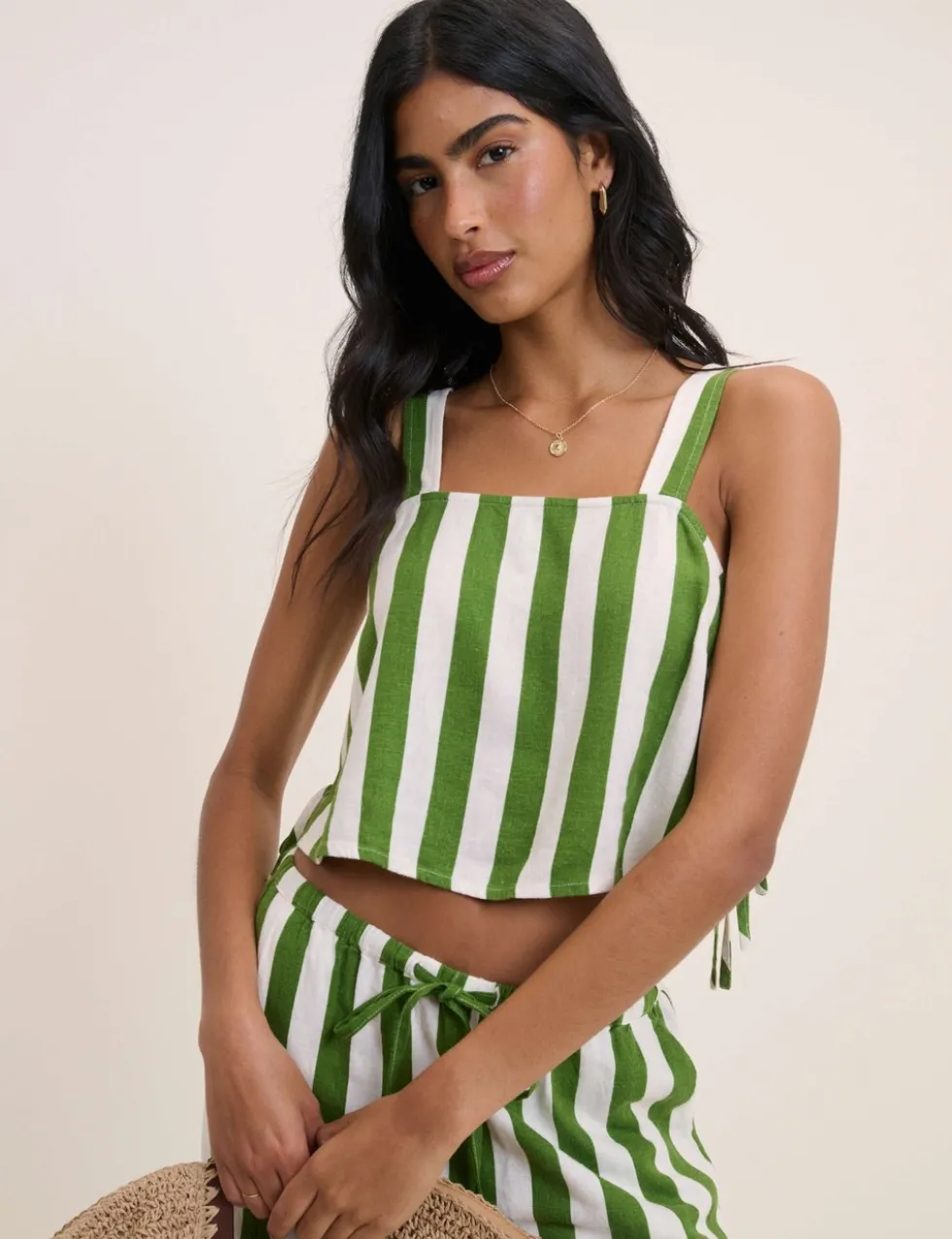 Linen Rich Striped Square Neck Vest Top