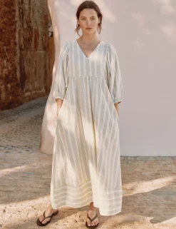 Linen Rich Striped V-Neck Midaxi Smock Dress