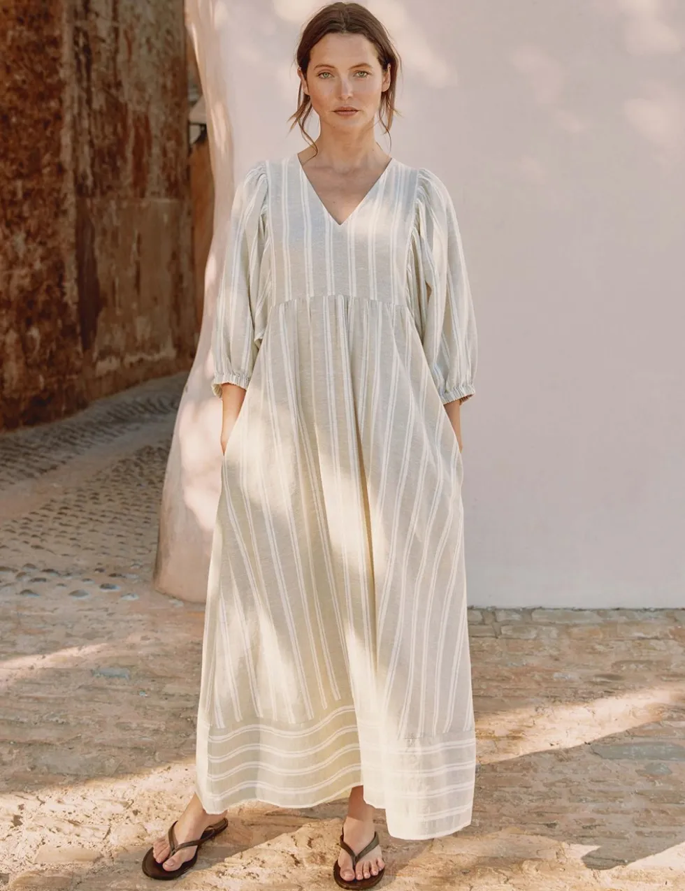Linen Rich Striped V-Neck Midaxi Smock Dress