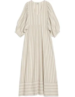 Linen Rich Striped V-Neck Midaxi Smock Dress