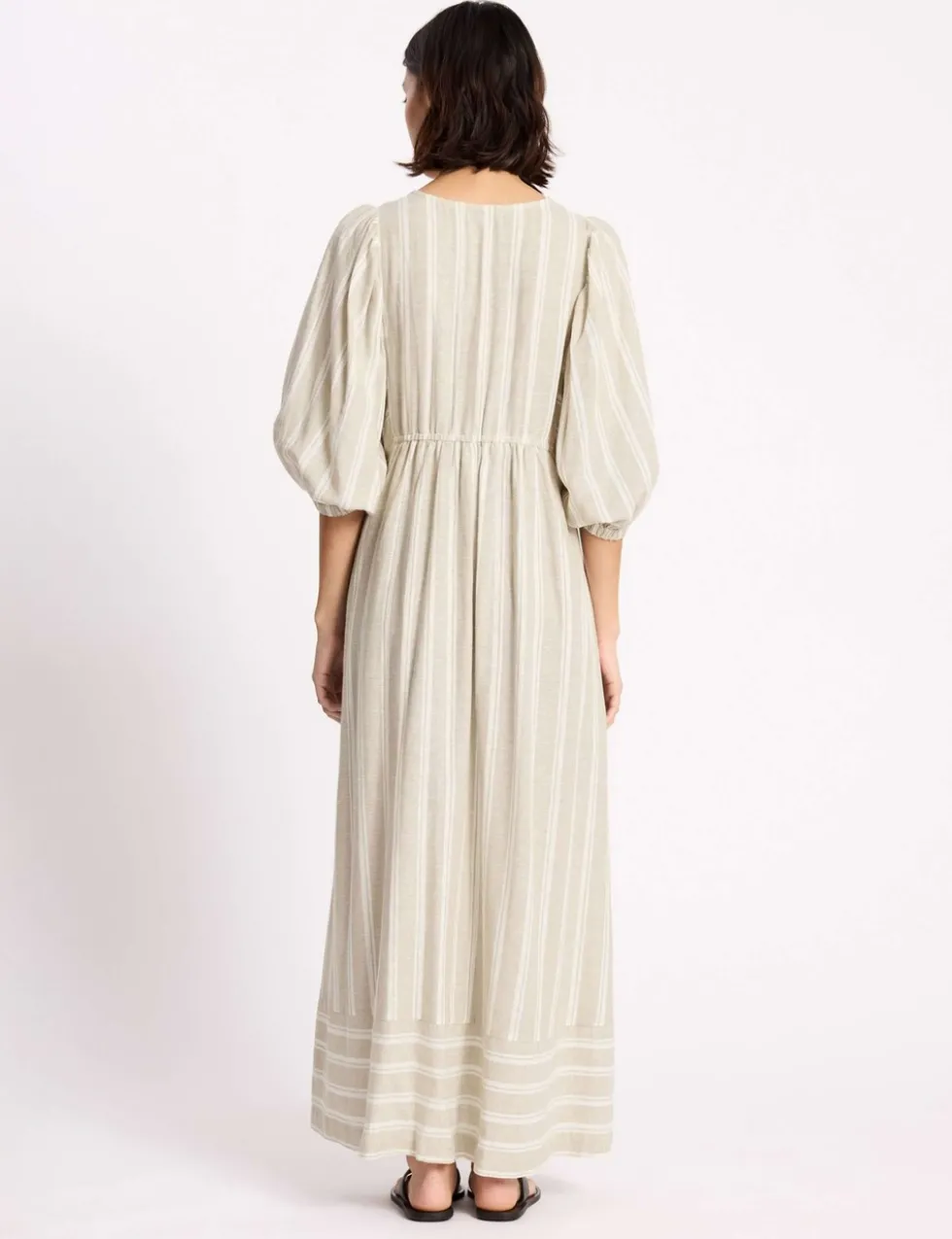 Linen Rich Striped V-Neck Midaxi Smock Dress