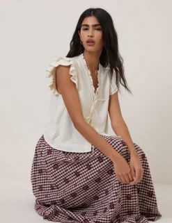 Linen Rich Tie Front Ruffle Top