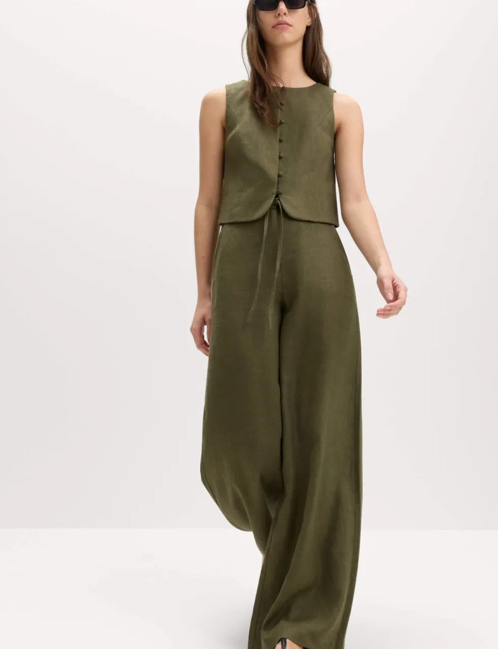 Linen Rich Twill Drawstring Wide Leg Trousers