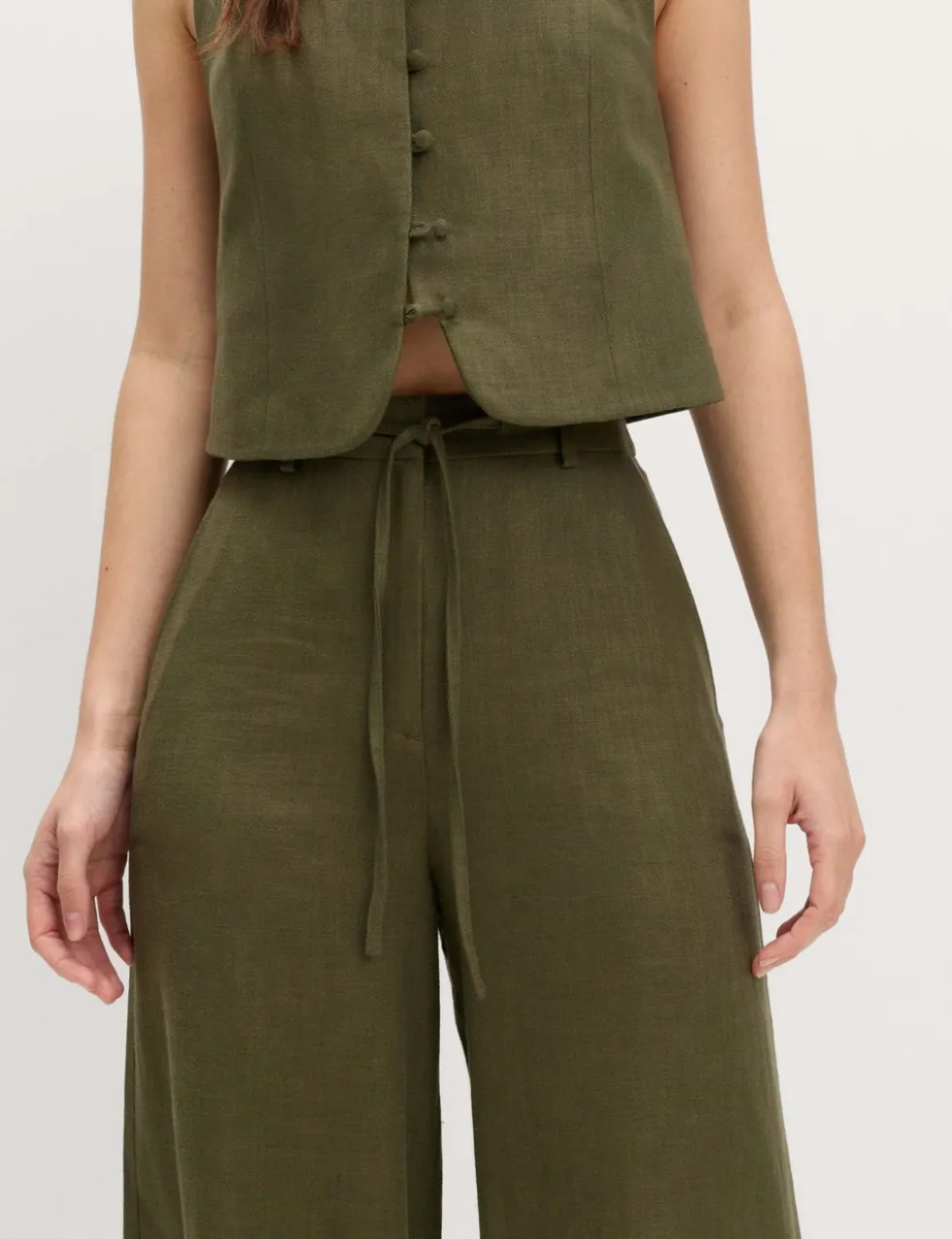 Linen Rich Twill Drawstring Wide Leg Trousers
