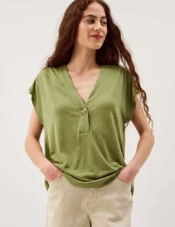 Linen Rich V-Neck Button Detail T-Shirt