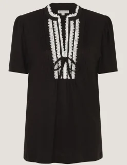 Linen Rich V-Neck Lace Trim T-Shirt