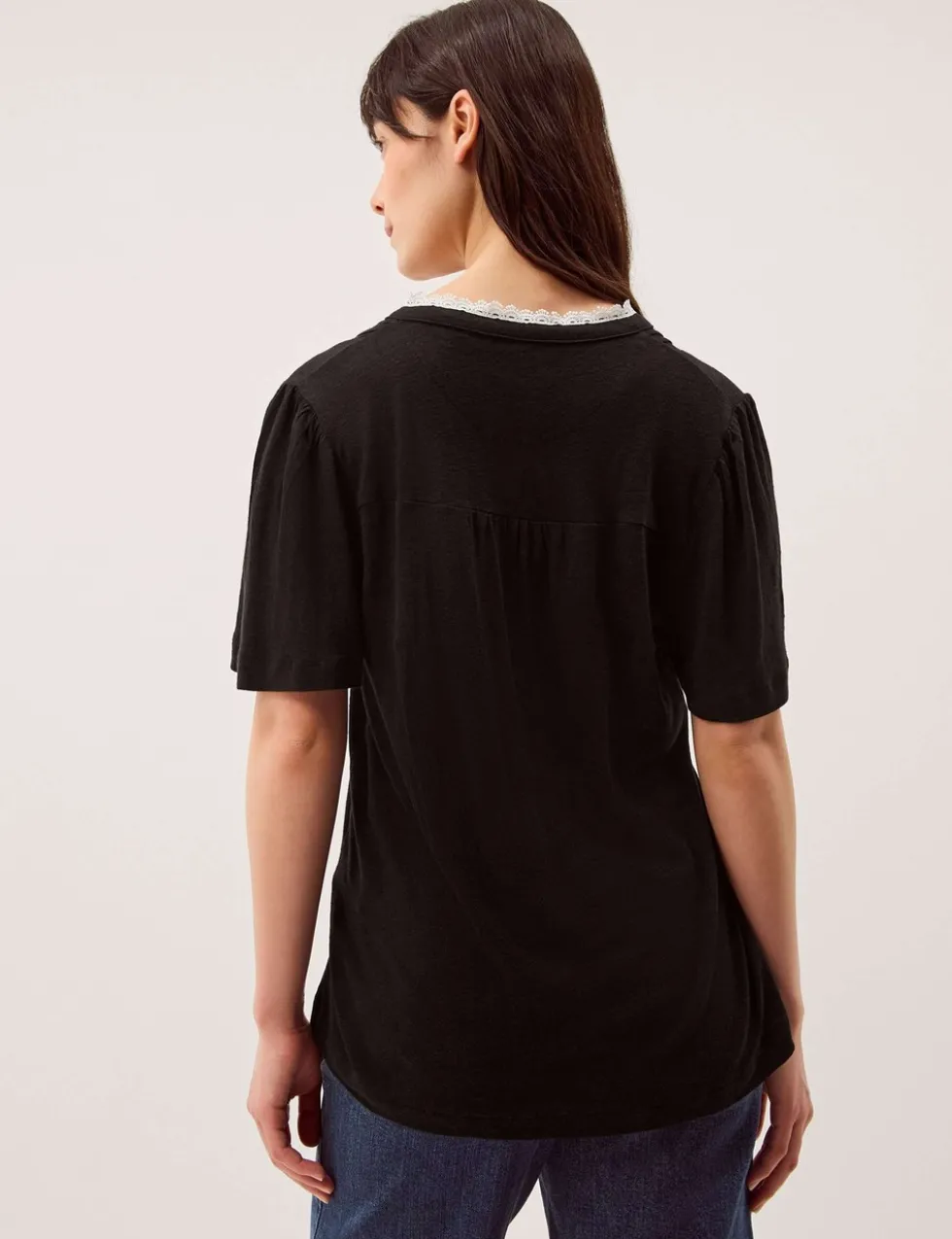 Linen Rich V-Neck Lace Trim T-Shirt