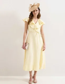 Linen Rich V-Neck Midi Waisted Dress