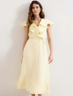 Linen Rich V-Neck Midi Waisted Dress