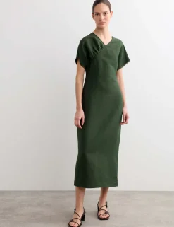 Linen Rich V-Neck Midi Wrap Dress