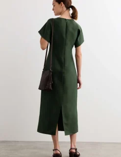 Linen Rich V-Neck Midi Wrap Dress