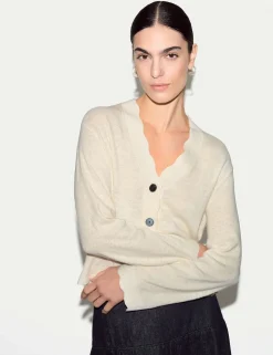 Linen Rich V-Neck Scallop Detail Cardigan