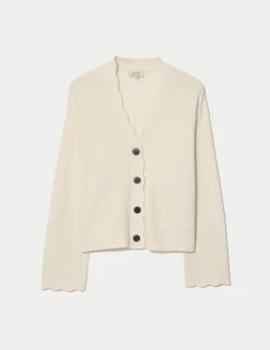 Linen Rich V-Neck Scallop Detail Cardigan