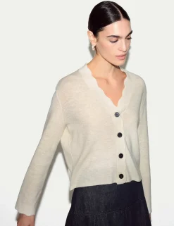 Linen Rich V-Neck Scallop Detail Cardigan