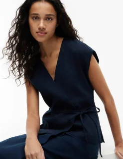 Linen Rich V-Neck Tie Detail Vest