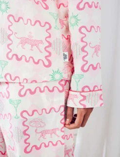 Linen-Blend Cocktail Leopard Geo Print Long Pyjama Set