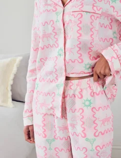 Linen-Blend Cocktail Leopard Geo Print Long Pyjama Set