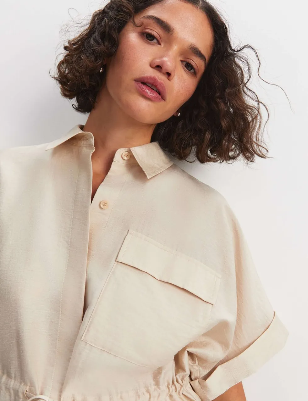 Lyocell Blend Drawstring Longline Blouse
