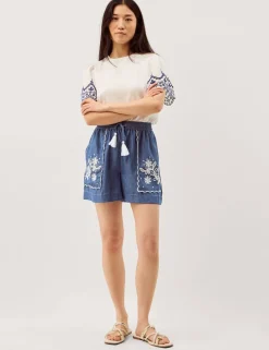 Lyocell Denim Embroidered Drawstring Shorts