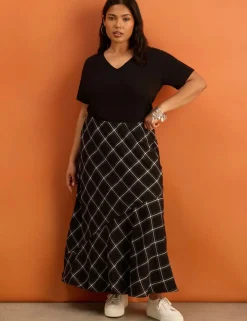 Lyocell Rich Checked Bias Cut Maxi Skirt